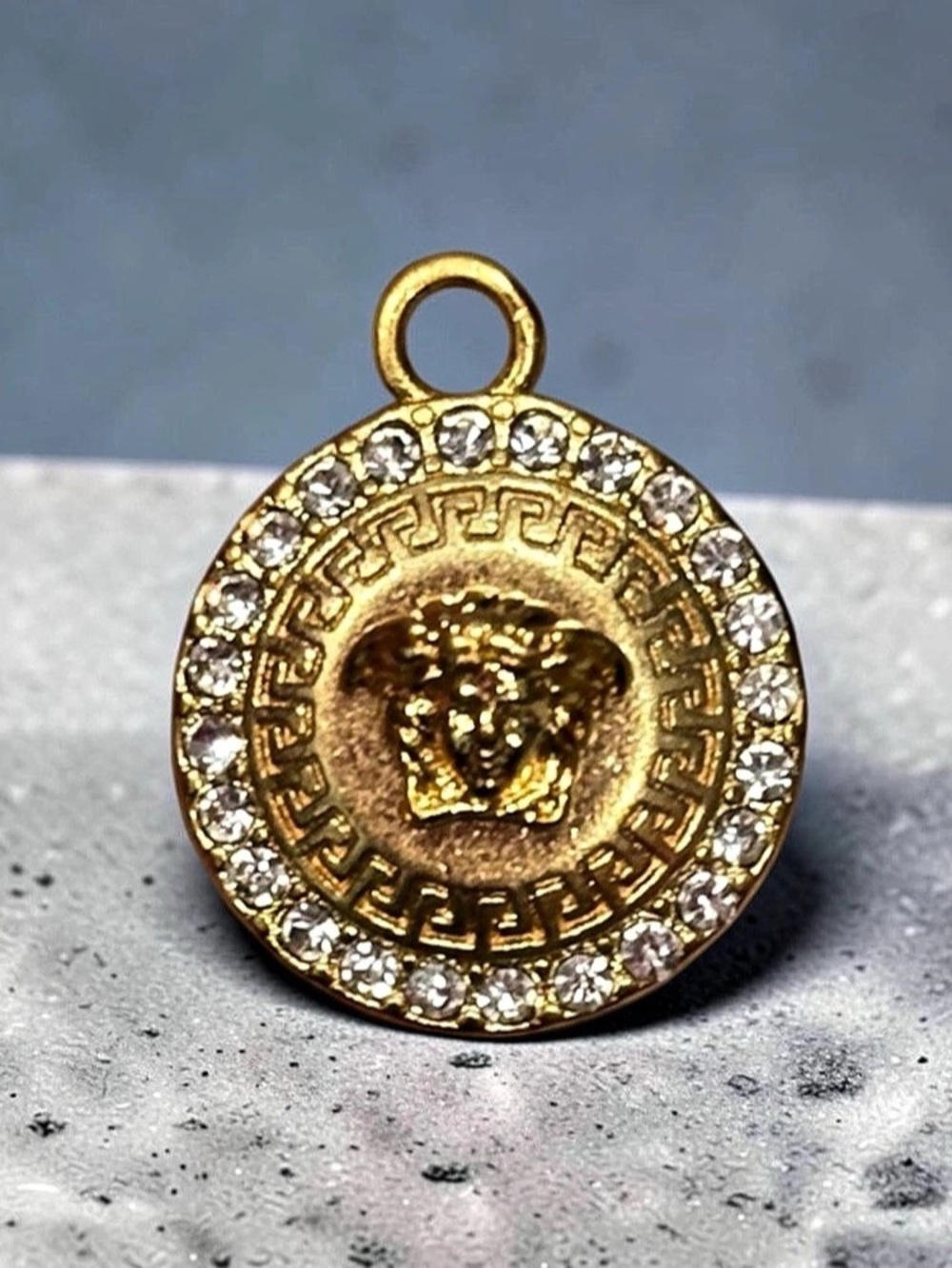 Upcycled Stamped Versace La Medusa Crystal Pendant Charm Necklace Gold